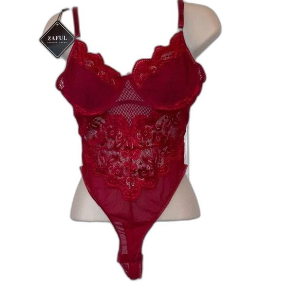SEXY SIREN RED Lace Floral Mesh Bodysuit Intimate Womens Large - Picture 1 of 13